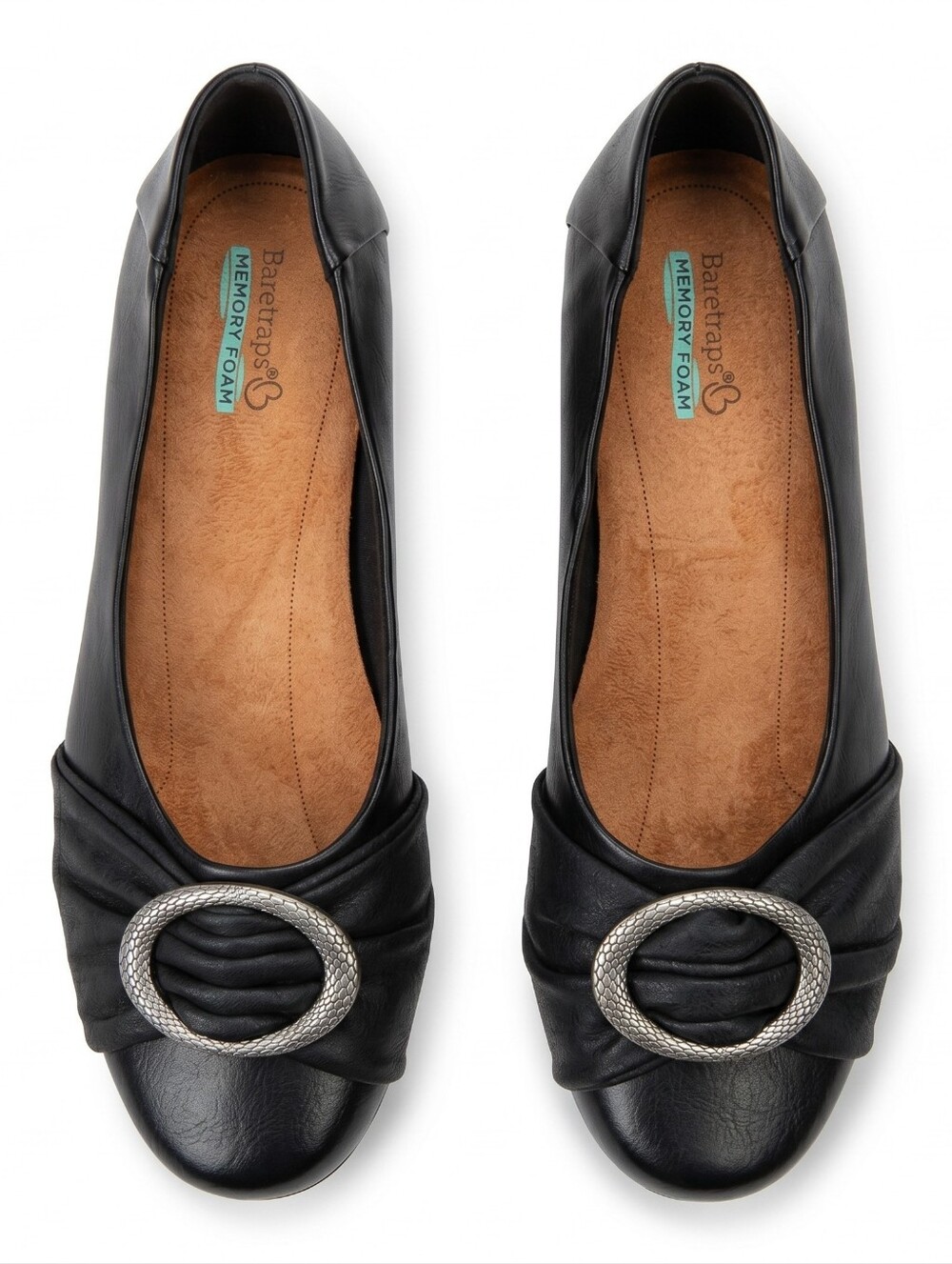Baretraps Mabely Women Black Leather Flats Shoes Round Toe Silver Ring Size 10M